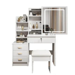 Coiffeuse 85x36x130 cm miroir LED 3 couleurs réglable, 4 tiroirs et vitrine verre, style rétro élégant blanc