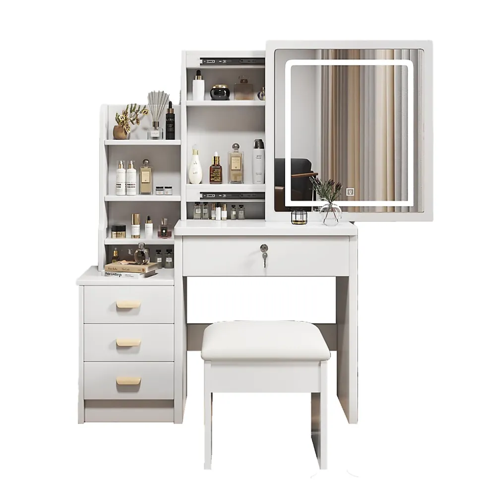 Coiffeuse 85x36x130 cm miroir LED 3 couleurs réglable, 4 tiroirs et vitrine verre, style rétro élégant blanc