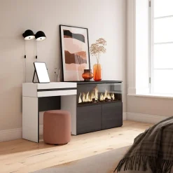 Coiffeuse 177x35x75cm avec tiroir feu led sans chaleur XXL blanc