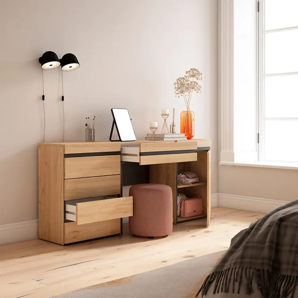 Coiffeuse 177x35x75cm avec tiroir commode buffet couleur chêne