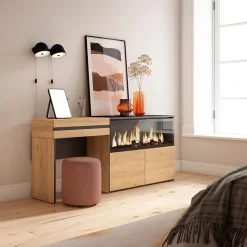 Coiffeuse 177x35x75cm avec tiroir feu led sans chaleur XXL chêne