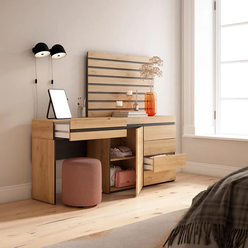 Coiffeuse 177x35x145cm commode buffet panneaux en bois couleur chêne