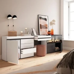 Coiffeuse 284x35x75cm feu led sans chaleur XXL commode buffet blanc