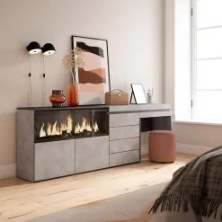 Coiffeuse 234x35x75cm feu led sans chaleur XXL commode buffet gris