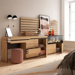 Coiffeuse 284x35x145cm feu led sans chaleur XXL commode buffet chêne