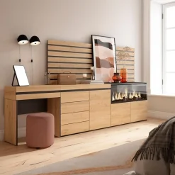 Coiffeuse 284x35x145cm feu led sans chaleur XXL commode buffet chêne