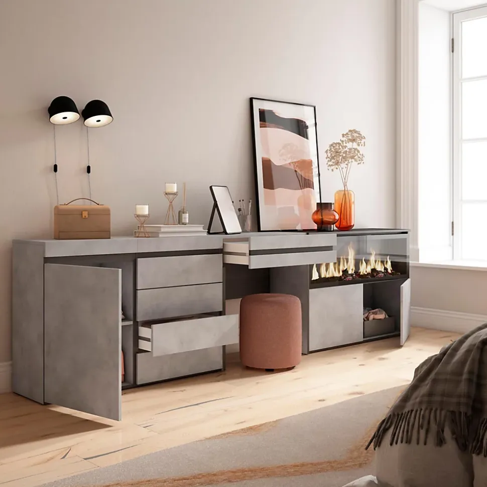 Coiffeuse 284x35x75cm feu led sans chaleur XXL commode buffet gris