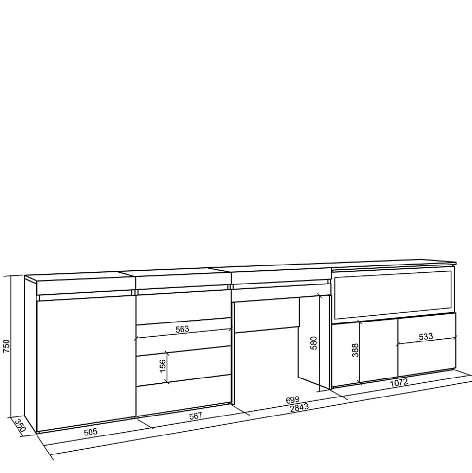 Coiffeuse 284x35x75cm feu led sans chaleur XXL commode buffet gris