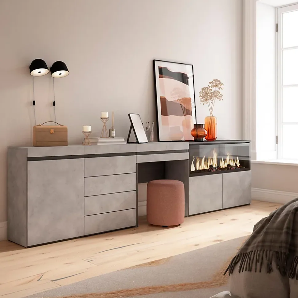 Coiffeuse 284x35x75cm feu led sans chaleur XXL commode buffet gris