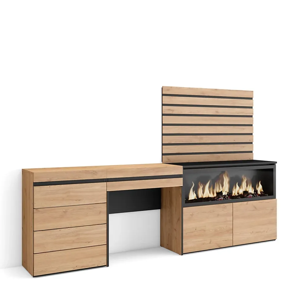 Coiffeuse 234x35x145cm feu led sans chaleur XXL commode buffet chêne