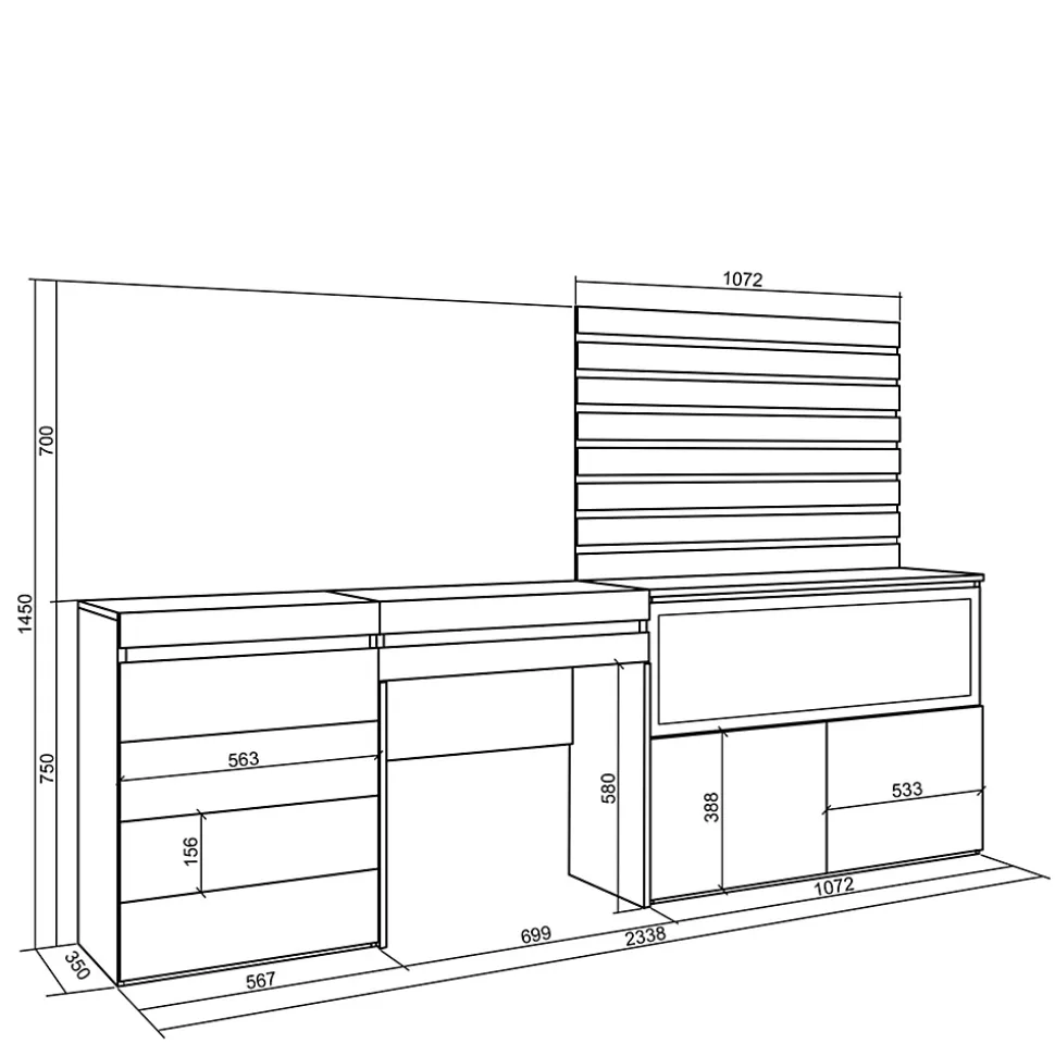 Coiffeuse 234x35x145cm feu led sans chaleur XXL commode buffet chêne