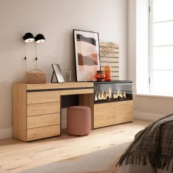 Coiffeuse 234x35x145cm feu led sans chaleur XXL commode buffet chêne