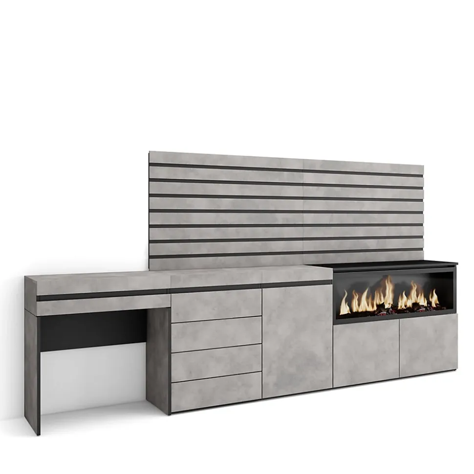 Coiffeuse 284x35x145cm feu led sans chaleur XXL commode buffet gris