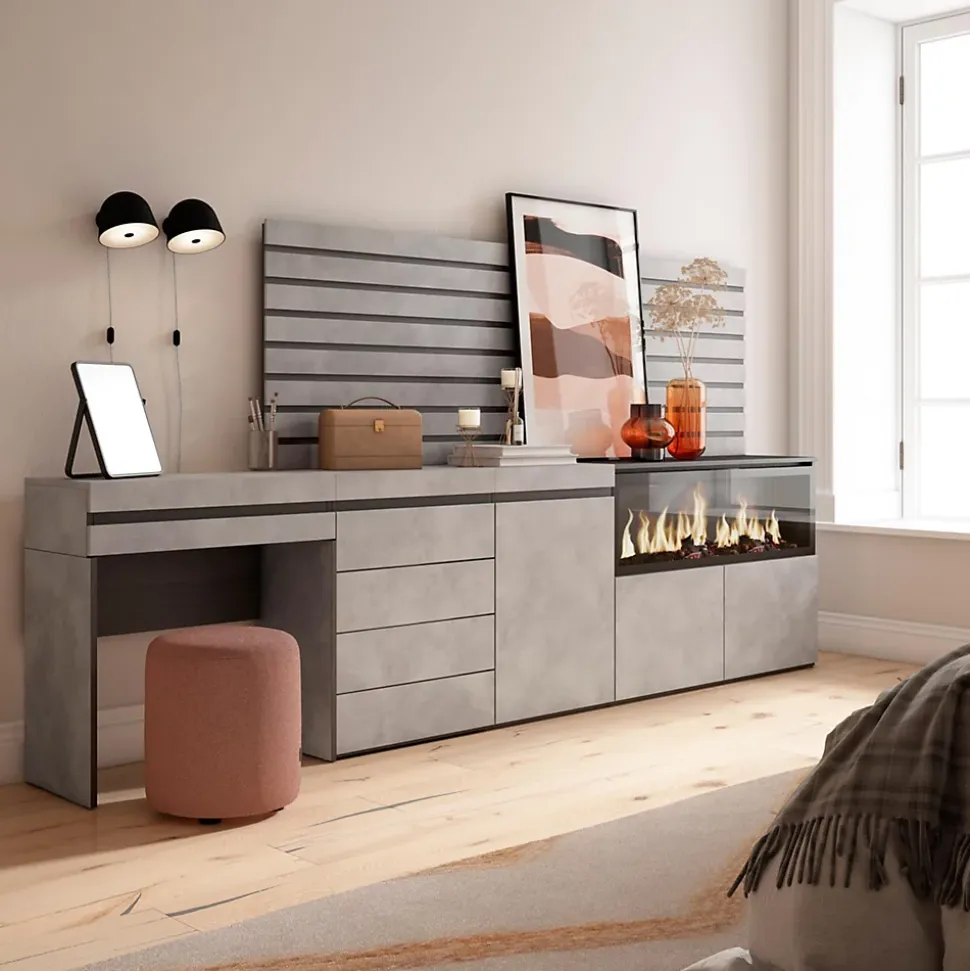 Coiffeuse 284x35x145cm feu led sans chaleur XXL commode buffet gris