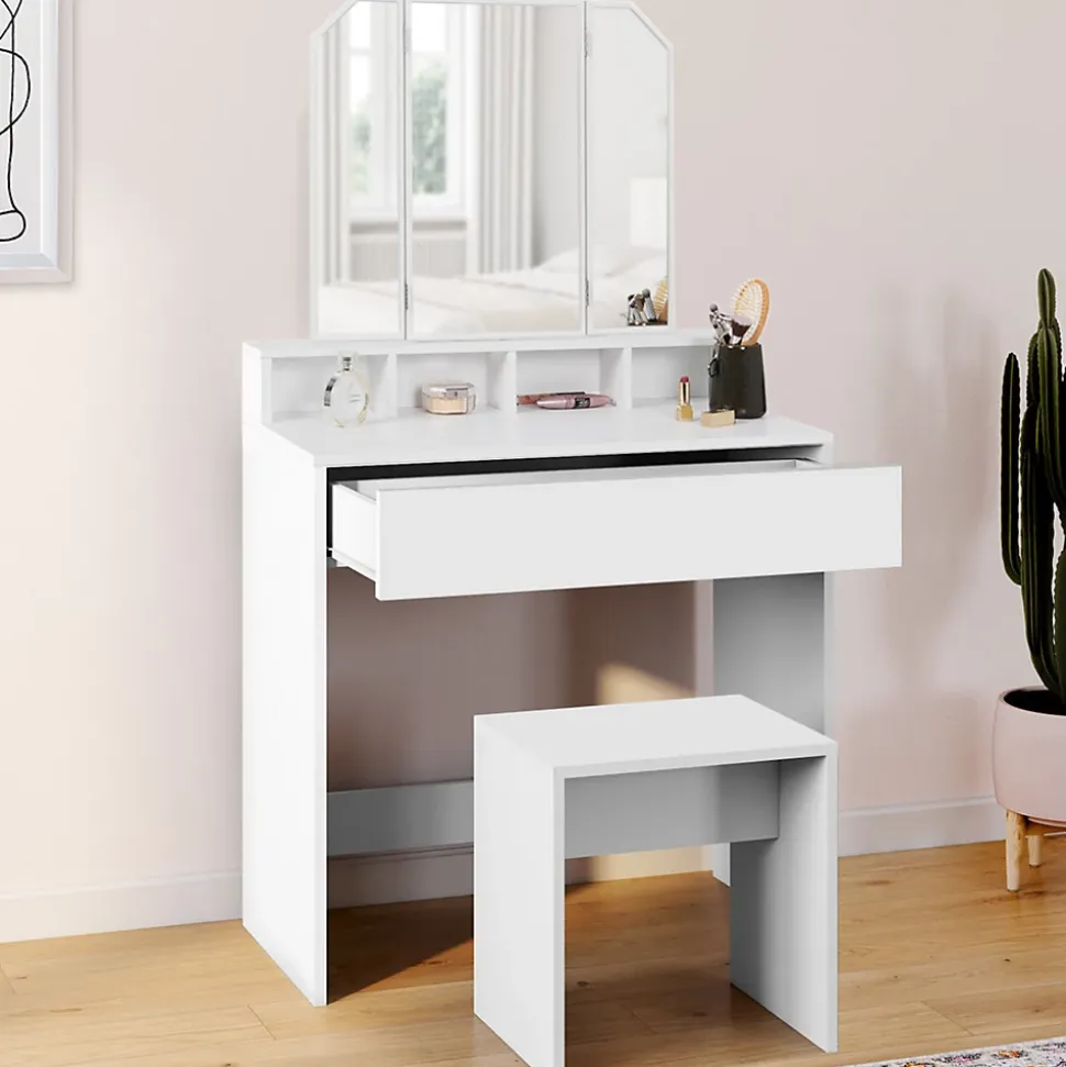 Coiffeuse ZELIA 3 miroirs avec 4 niches, 1 tiroir et tabouret
