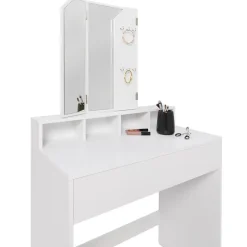 Coiffeuse ZELIA 3 miroirs avec 4 niches, 1 tiroir et tabouret