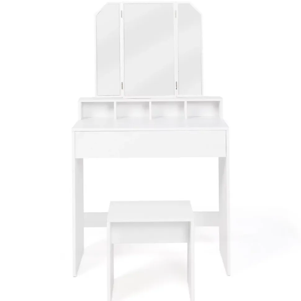 Coiffeuse ZELIA 3 miroirs avec 4 niches, 1 tiroir et tabouret