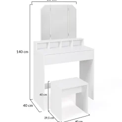 Coiffeuse ZELIA 3 miroirs avec 4 niches, 1 tiroir et tabouret