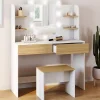 Coiffeuse ZELIA blanc et hêtre table de maquillage 4 étagères, miroir LED et tabouret