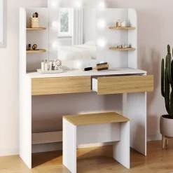 Coiffeuse ZELIA blanc et hêtre table de maquillage 4 étagères, miroir LED et tabouret