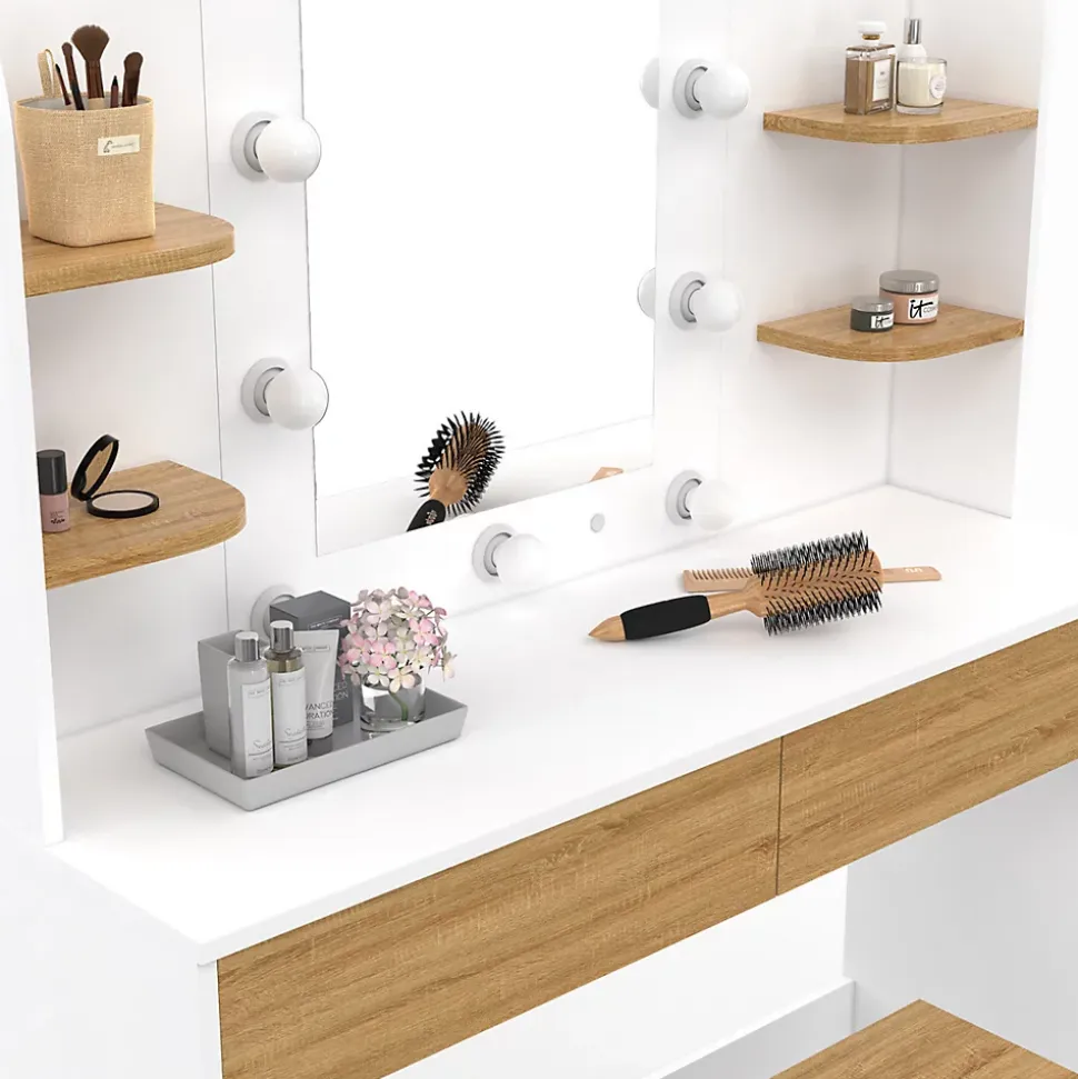 Coiffeuse ZELIA blanc et hêtre table de maquillage 4 étagères, miroir LED et tabouret