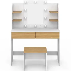 Coiffeuse ZELIA blanc et hêtre table de maquillage 4 étagères, miroir LED et tabouret
