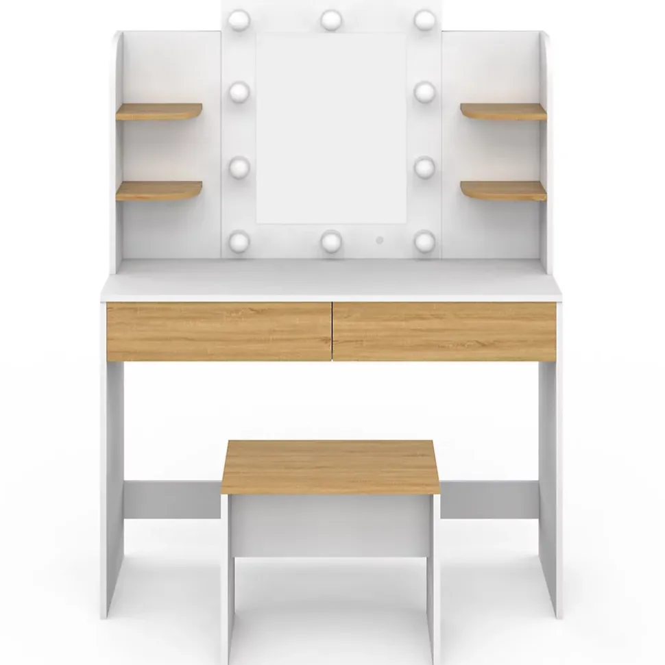 Coiffeuse ZELIA blanc et hêtre table de maquillage 4 étagères, miroir LED et tabouret