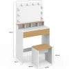 Coiffeuse ZELIA blanc et hêtre miroir LED avec 4 niches, 1 tiroir et tabouret