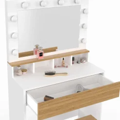 Coiffeuse ZELIA blanc et hêtre miroir LED avec 4 niches, 1 tiroir et tabouret