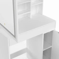 Coiffeuse ZELIA blanche miroir LED avec rangement, 1 tiroir, 1 caisson de rangement et tabouret rembourré