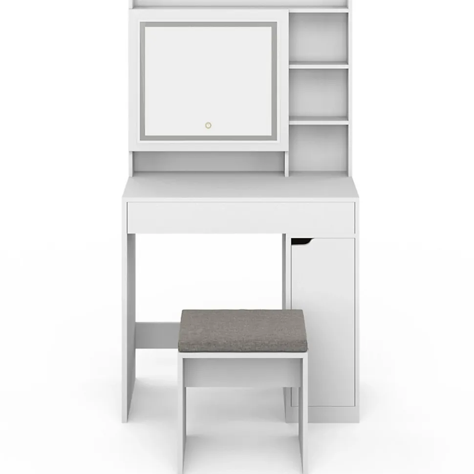 Coiffeuse ZELIA blanche miroir LED avec rangement, 1 tiroir, 1 caisson de rangement et tabouret rembourré