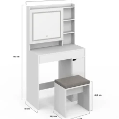 Coiffeuse ZELIA blanche miroir LED avec rangement, 1 tiroir, 1 caisson de rangement et tabouret rembourré