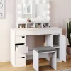 Coiffeuse ZELIA blanche miroir LED avec 4 niches, 5 tiroirs, 1 caisson de rangement et tabouret rembourré