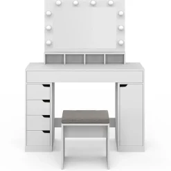 Coiffeuse ZELIA blanche miroir LED avec 4 niches, 5 tiroirs, 1 caisson de rangement et tabouret rembourré