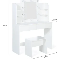 Coiffeuse ZELIA blanche table de maquillage 4 étagères, miroir LED et tabouret