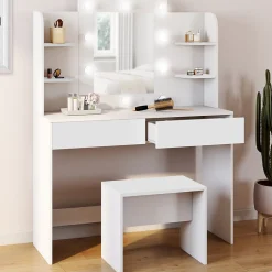 Coiffeuse ZELIA blanche table de maquillage 4 étagères, miroir LED et tabouret