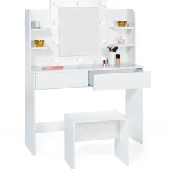 Coiffeuse ZELIA blanche table de maquillage 4 étagères, miroir LED et tabouret