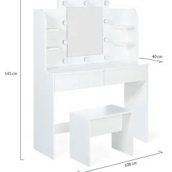 Coiffeuse ZELIA blanche table de maquillage 4 étagères, miroir LED et tabouret