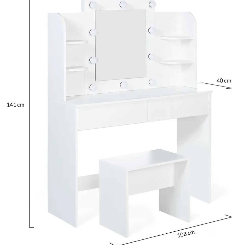 Coiffeuse ZELIA blanche table de maquillage 4 étagères, miroir LED et tabouret