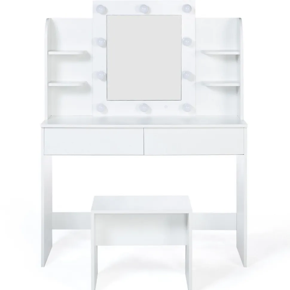 Coiffeuse ZELIA blanche table de maquillage 4 étagères, miroir LED et tabouret