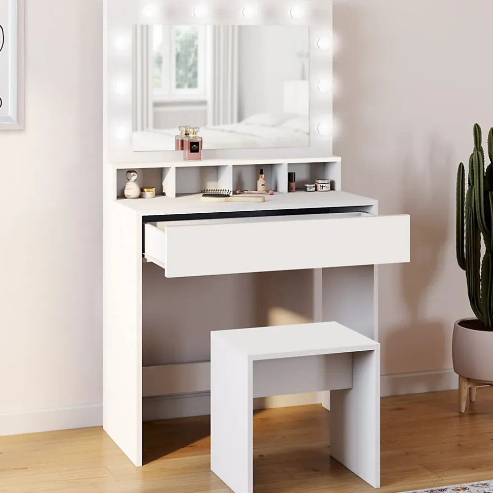 Coiffeuse ZELIA miroir LED avec 4 niches, 1 tiroir et tabouret