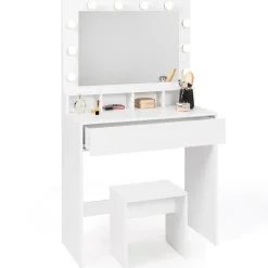 Coiffeuse ZELIA miroir LED avec 4 niches, 1 tiroir et tabouret
