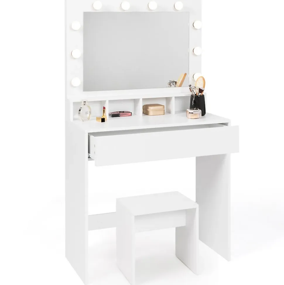 Coiffeuse ZELIA miroir LED avec 4 niches, 1 tiroir et tabouret