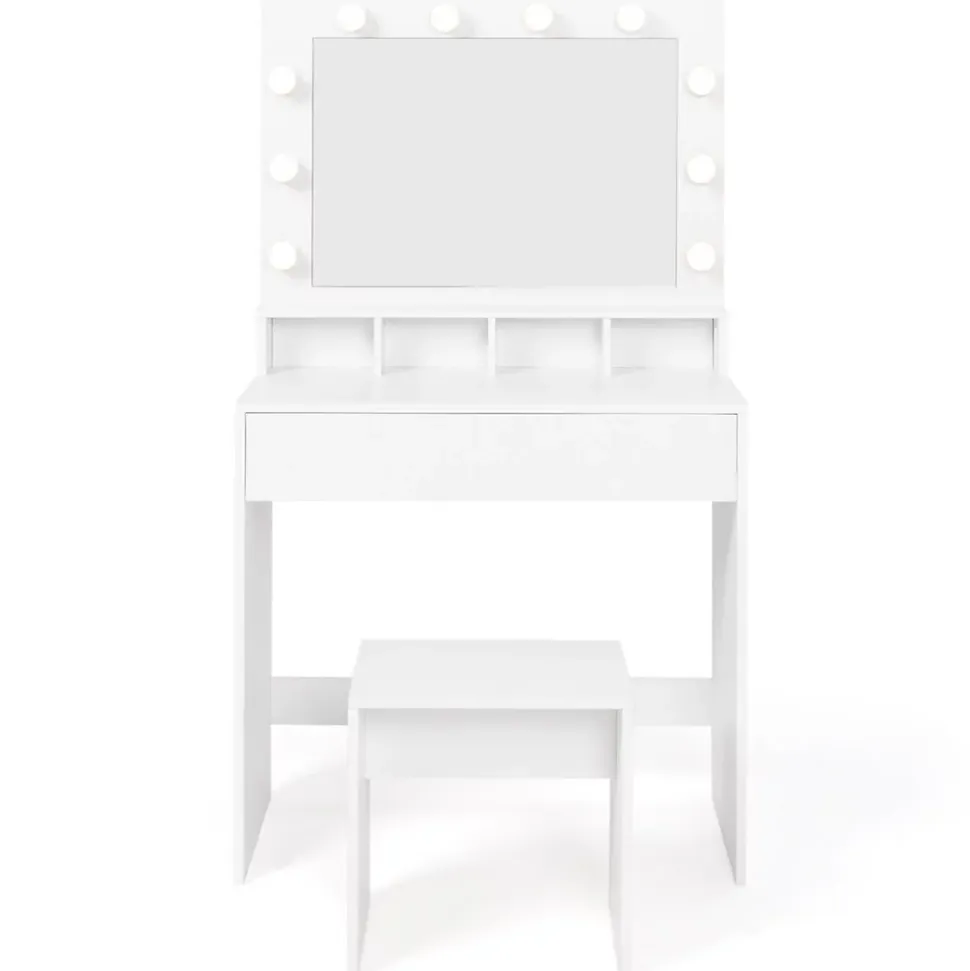 Coiffeuse ZELIA miroir LED avec 4 niches, 1 tiroir et tabouret
