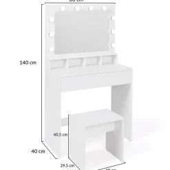 Coiffeuse ZELIA miroir LED avec 4 niches, 1 tiroir et tabouret