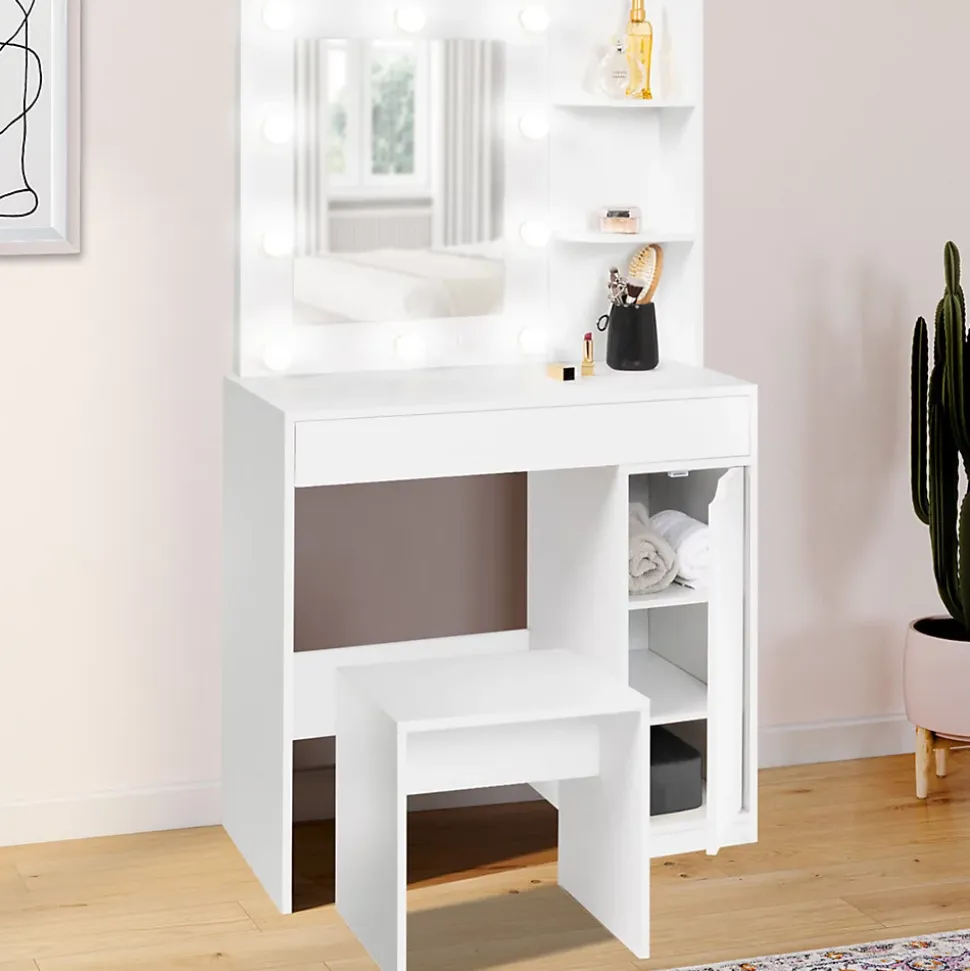 Coiffeuse ZELIA miroir LED avec 1 tiroir, étagères, caisson de rangement et tabouret