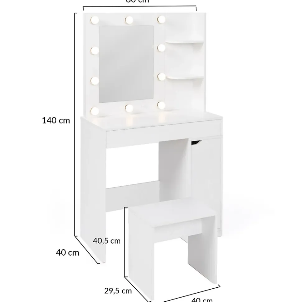 Coiffeuse ZELIA miroir LED avec 1 tiroir, étagères, caisson de rangement et tabouret