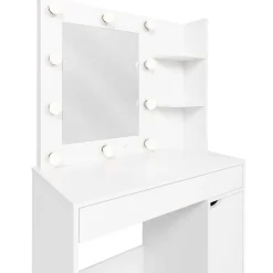 Coiffeuse ZELIA miroir LED avec 1 tiroir, étagères, caisson de rangement et tabouret