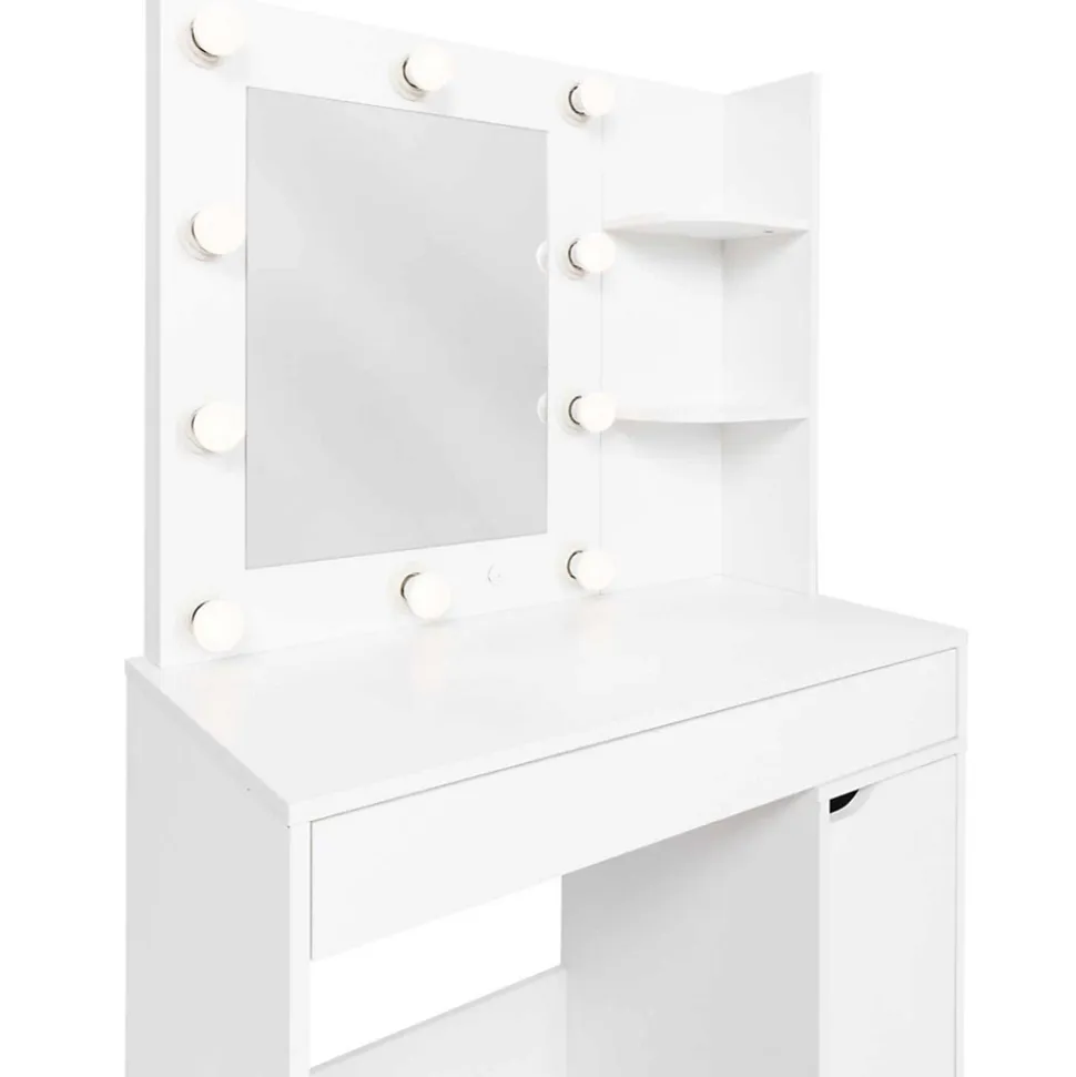 Coiffeuse ZELIA miroir LED avec 1 tiroir, étagères, caisson de rangement et tabouret