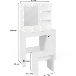 Coiffeuse ZELIA miroir LED avec 1 tiroir, étagères, caisson de rangement et tabouret